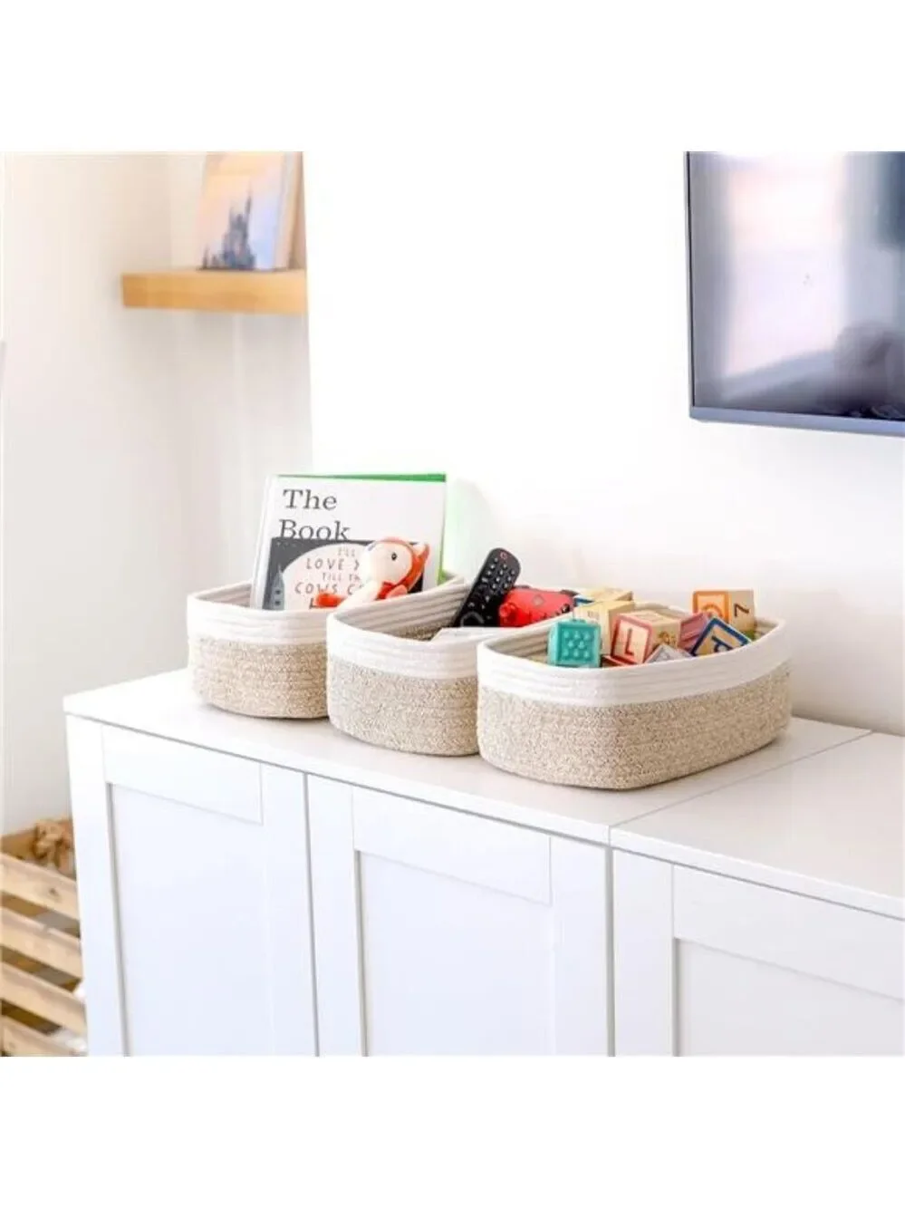 Cotton Rope Storage Baskets Set of 3 Small Woven Organizer Bins for Shelves